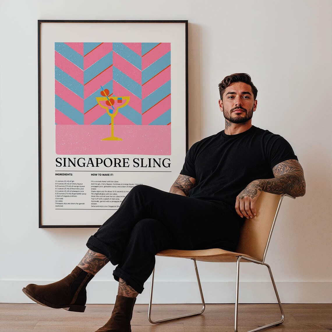 Singapore Sling Cocktail Recipe Poster Retro Chevron Bar Decor - Image 3