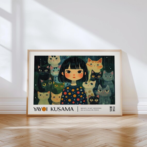 Yayoi Kusama Girl Surrounded By Cats Rain Whimsical Exhibition Poster