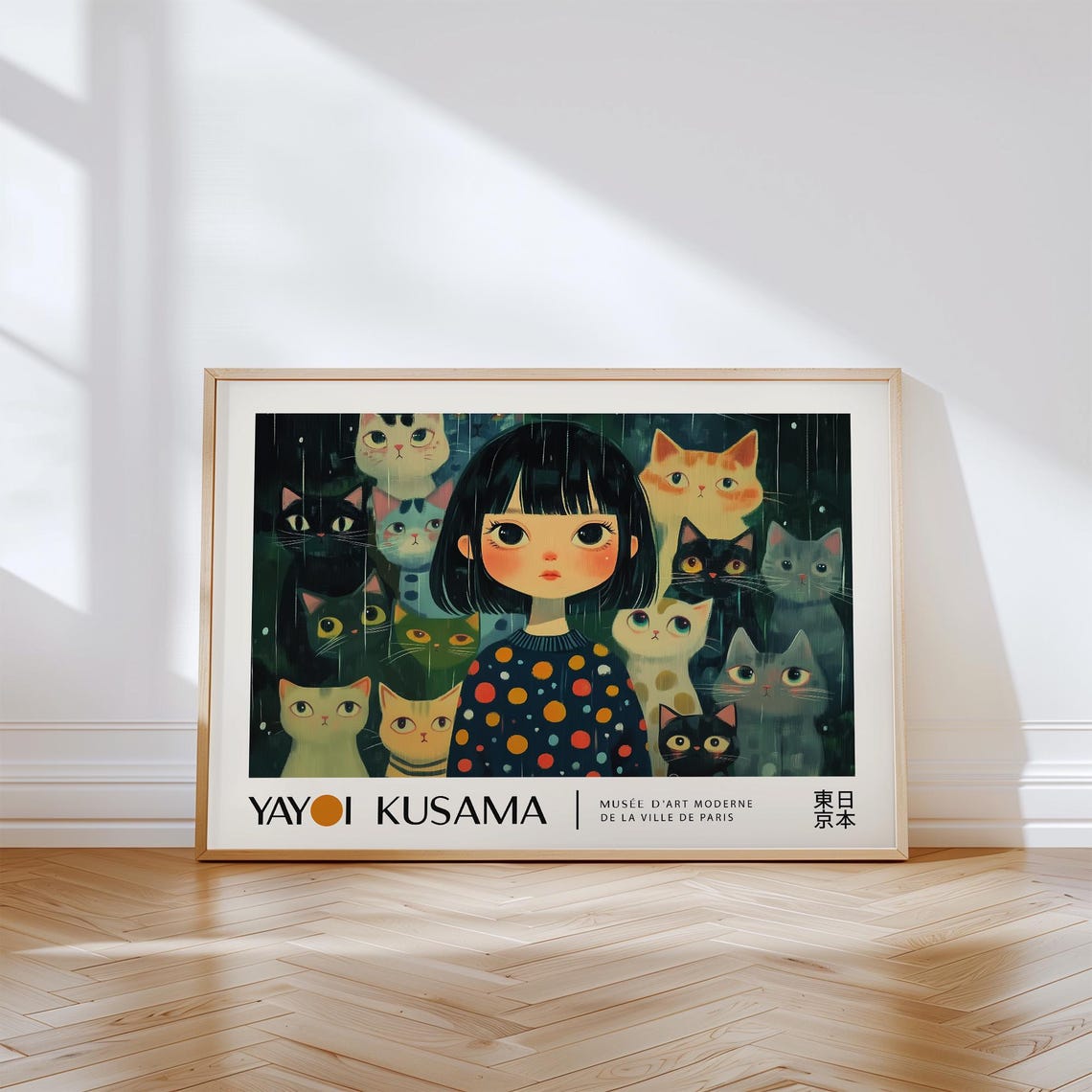 Yayoi Kusama Girl Surrounded By Cats Rain Whimsical Exhibition Poster