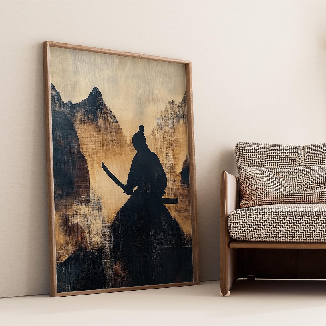 Samurai Warrior Silhouette Gold Mountain Ink Wash Art Poster - Image 4