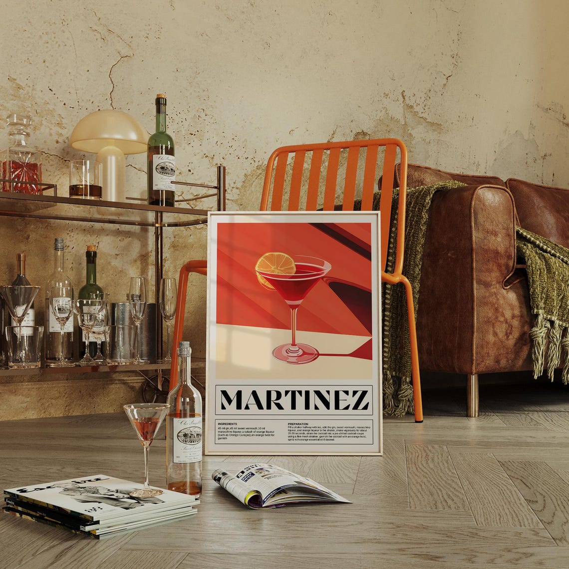 Martinez Cocktail Recipe Classic Red Drink Kitchen Bar Poster - Image 2