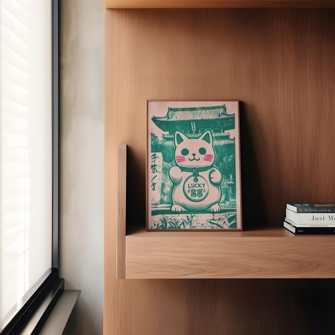 Lucky Cat Maneki Neko Pink Green Japanese Temple Fortune Poster - Image 2