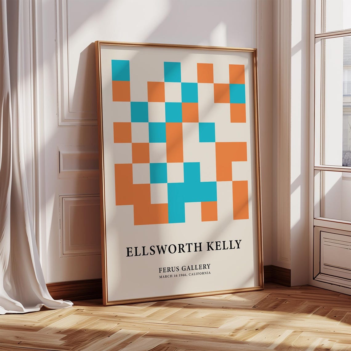 Ellsworth Kelly Orange Teal Pixel Grid Modern Abstract Poster
