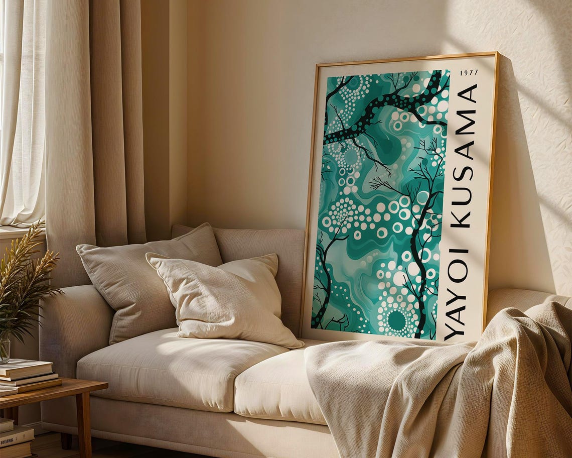 Yayoi Kusama 1977 Teal Tree Branch White Dot Bloom Tree Poster - Image 2