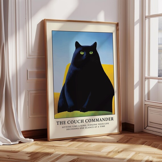 The Couch Commander Funny Judgmental Black Cat Humor Art Poster