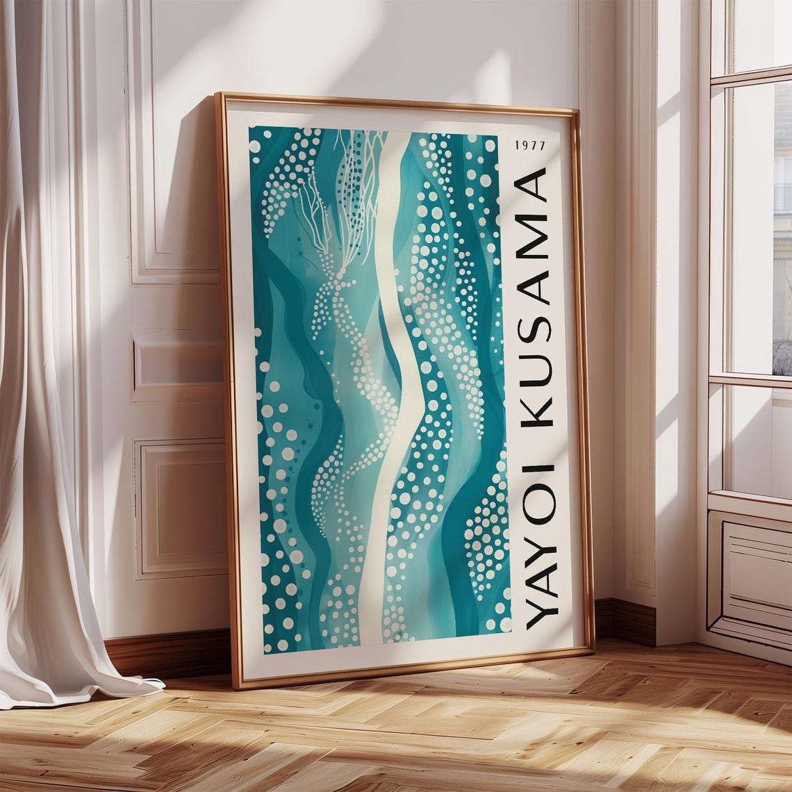 Yayoi Kusama 1977 Teal Wave Pattern with White Polka Dot Poster