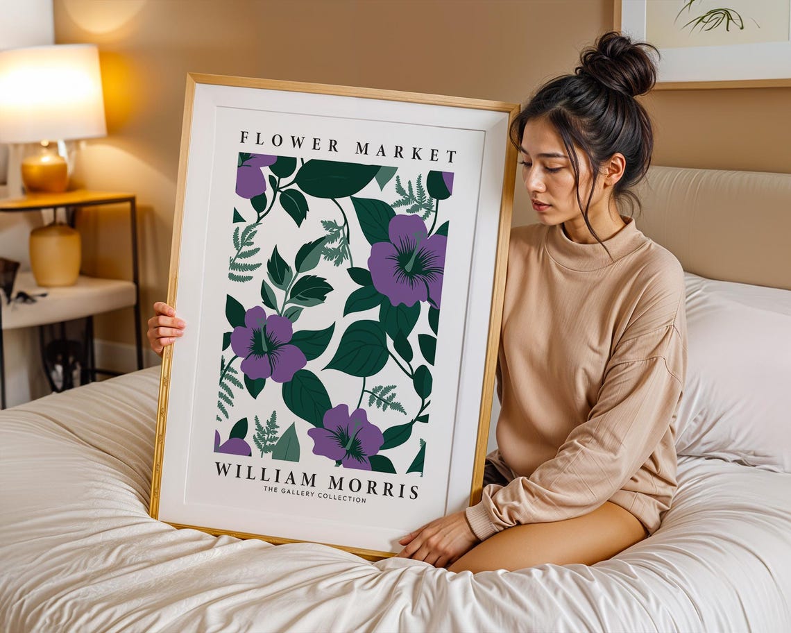 William Morris Flower Market Purple Hibiscus Leaf Pattern Poster - Image 2