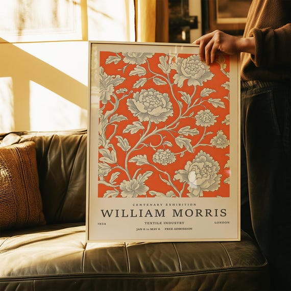 Orange And Gray Wall Art Vintage Floral Pattern Print Bold Peony Illustration For Maximalist Gallery Wall William Morris Style Poster
