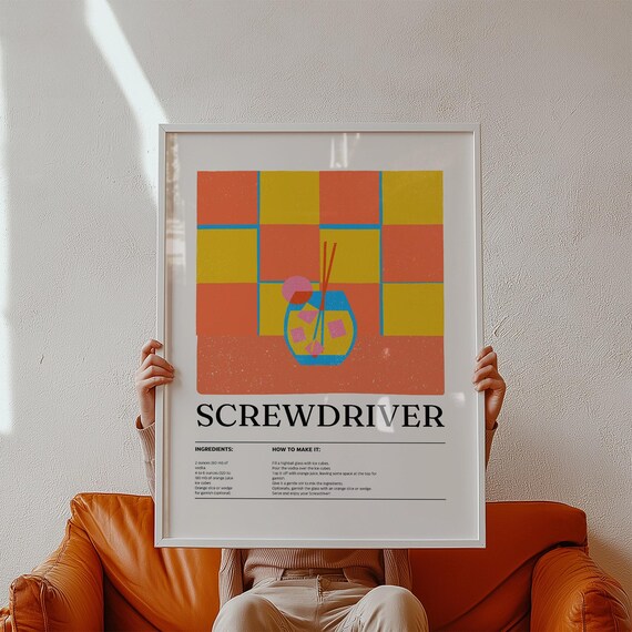 Screwdriver Cocktail Recipe Poster Retro Grid Orange Bar Decor