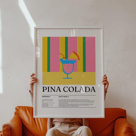 Wall Art For Kitchen Pia Colada Cocktail Print Colorful Tropical Bar Art With Recipe Retro Inspired Drink Illustration Home Dining Area