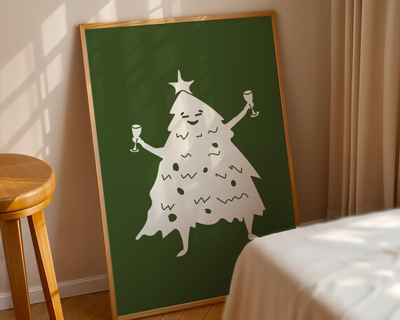 Dancing Christmas Tree Champagne Cheers Forest Green Holiday Art Poster