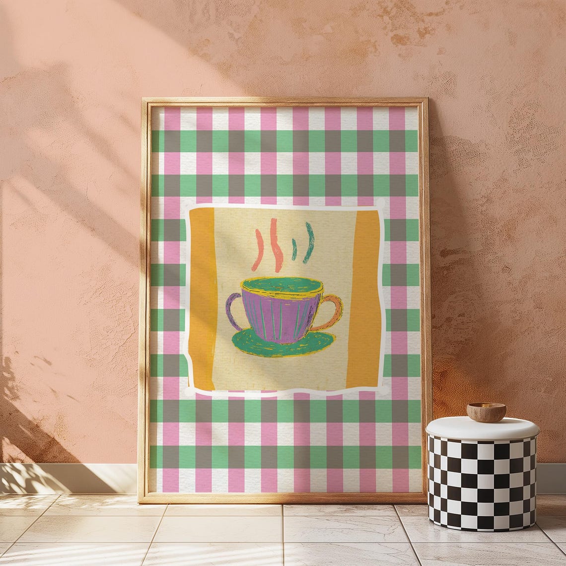 Coffee Time Steaming Purple Teacup Gingham Retro Kitchen Poster