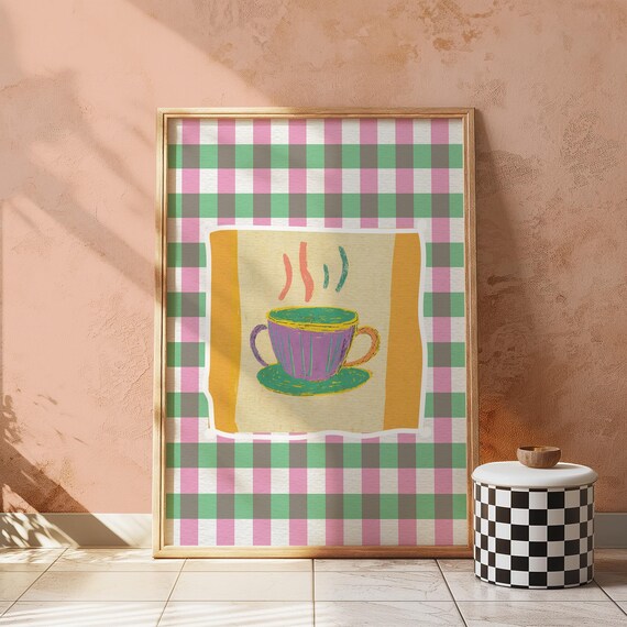 Coffee Time Steaming Purple Teacup Gingham Retro Kitchen Poster