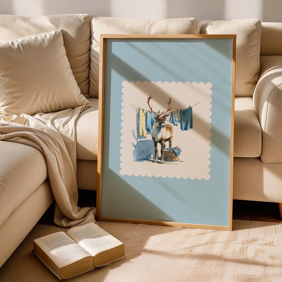 Reindeer Laundry Powder Blue Whimsical Watercolor Christmas Poster