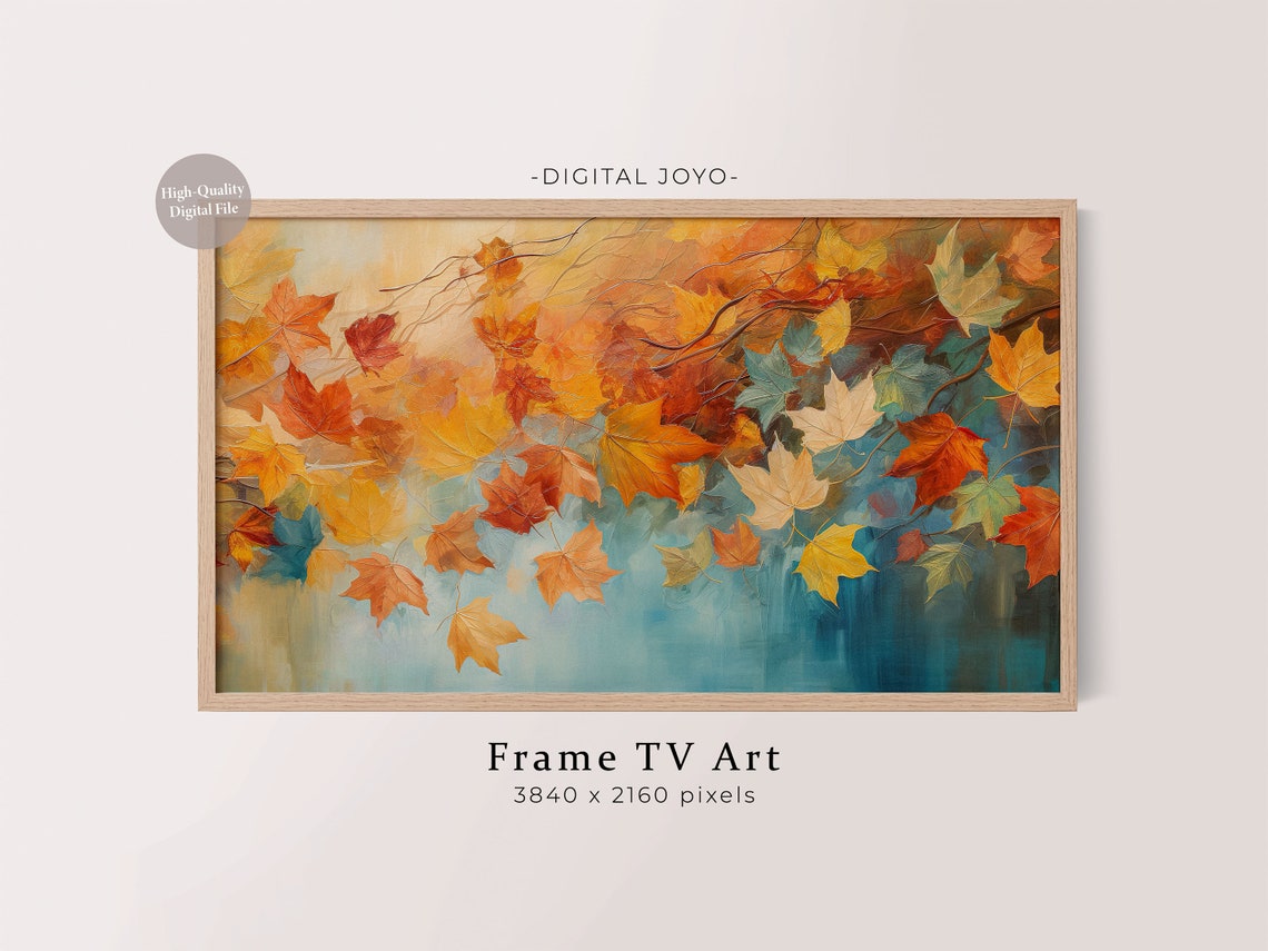 Autumn Maple Leaves on Teal Abstract Fall Foliage Frame TV Poster