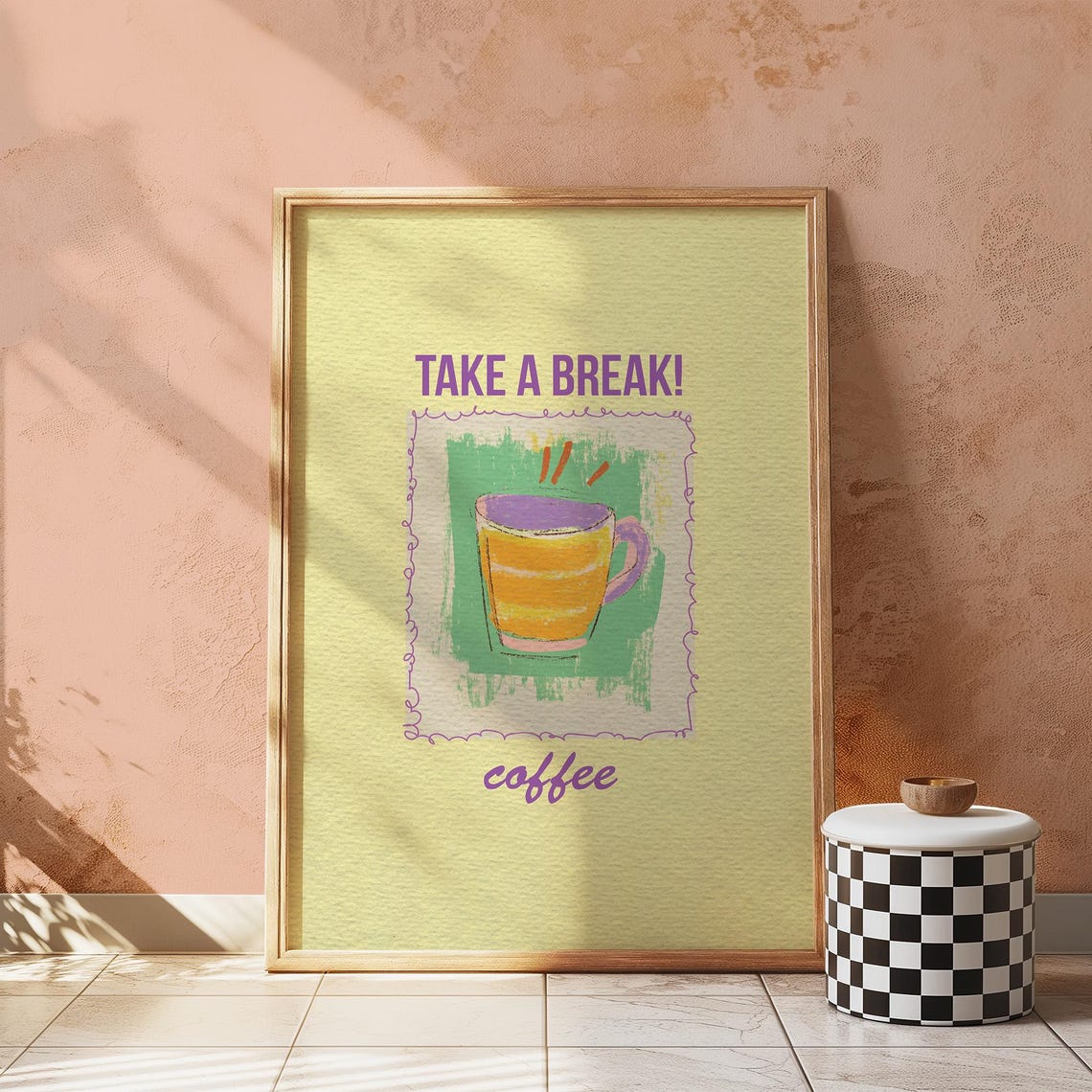 Take A Break Coffee Print Retro Cup Illustration