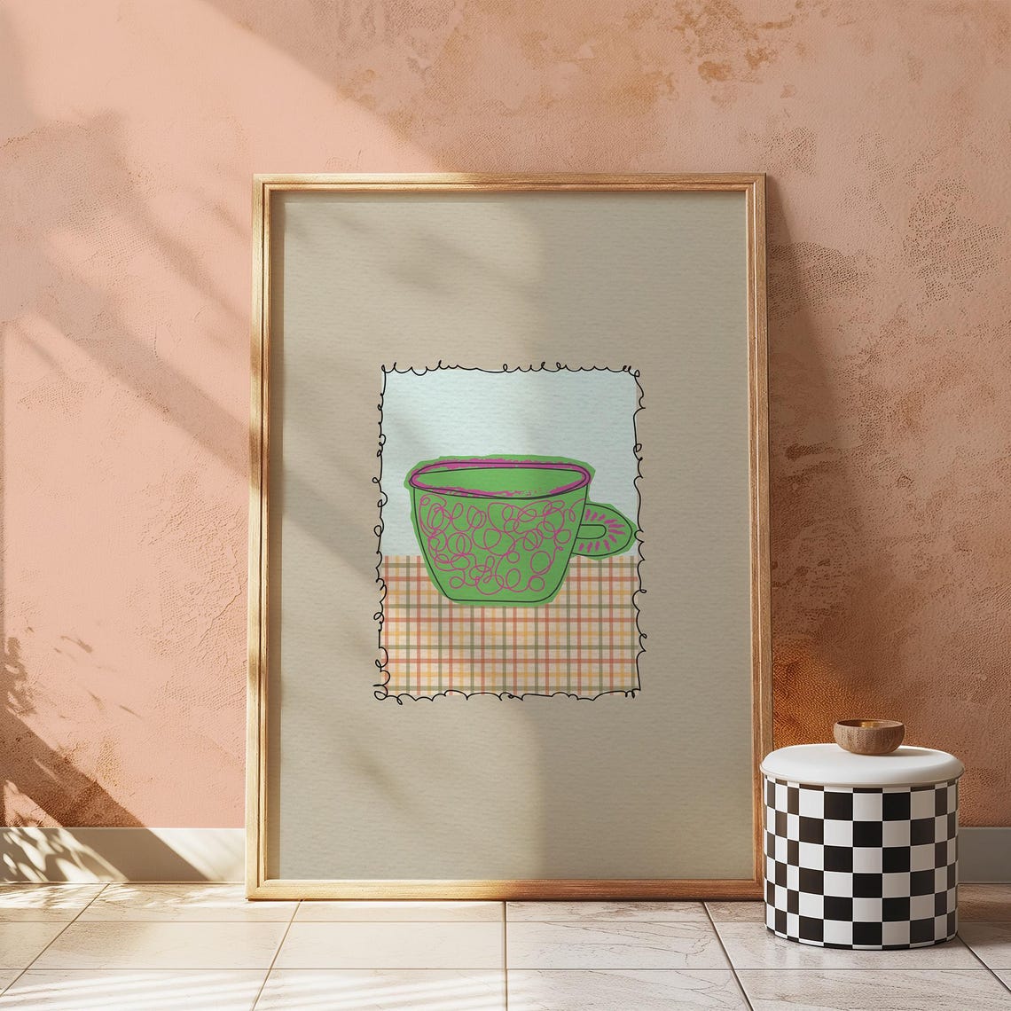 Green Patterned Teacup on Plaid Patch Cozy Kitchen Art Print