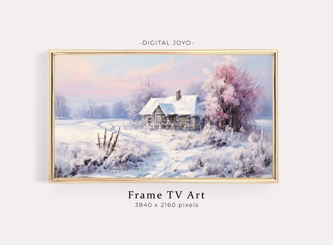 Snowy Winter Farmhouse Cabin Landscape Painting Holiday Poster