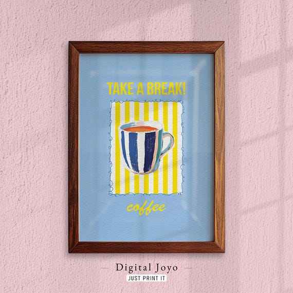 Blue Striped Coffee Mug Print Kitchen Wall Art