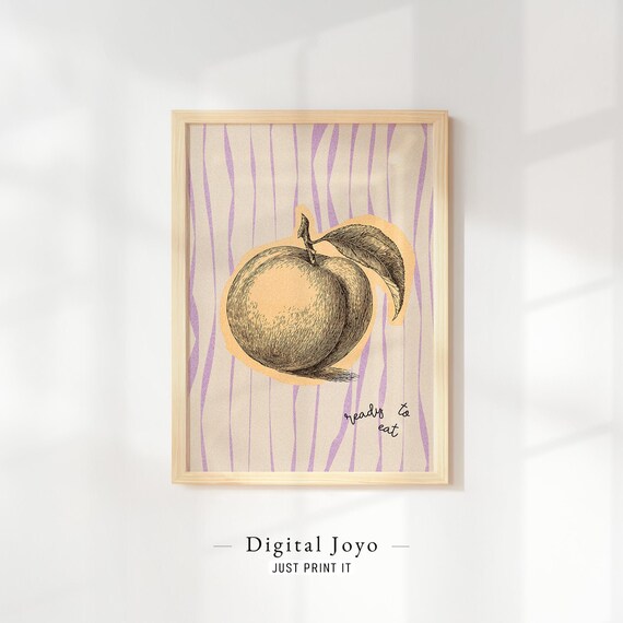 Peach Ready to Eat Hand Drawn Fruit Purple Stripe Kitchen Art Print
