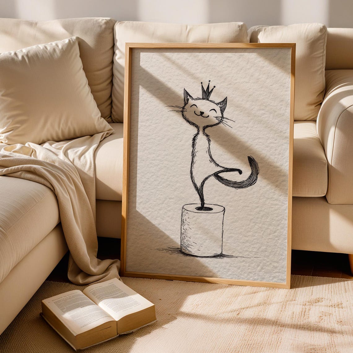 Funny Cat Toilet Paper Roll Crown Minimalist Sketch Bathroom Poster