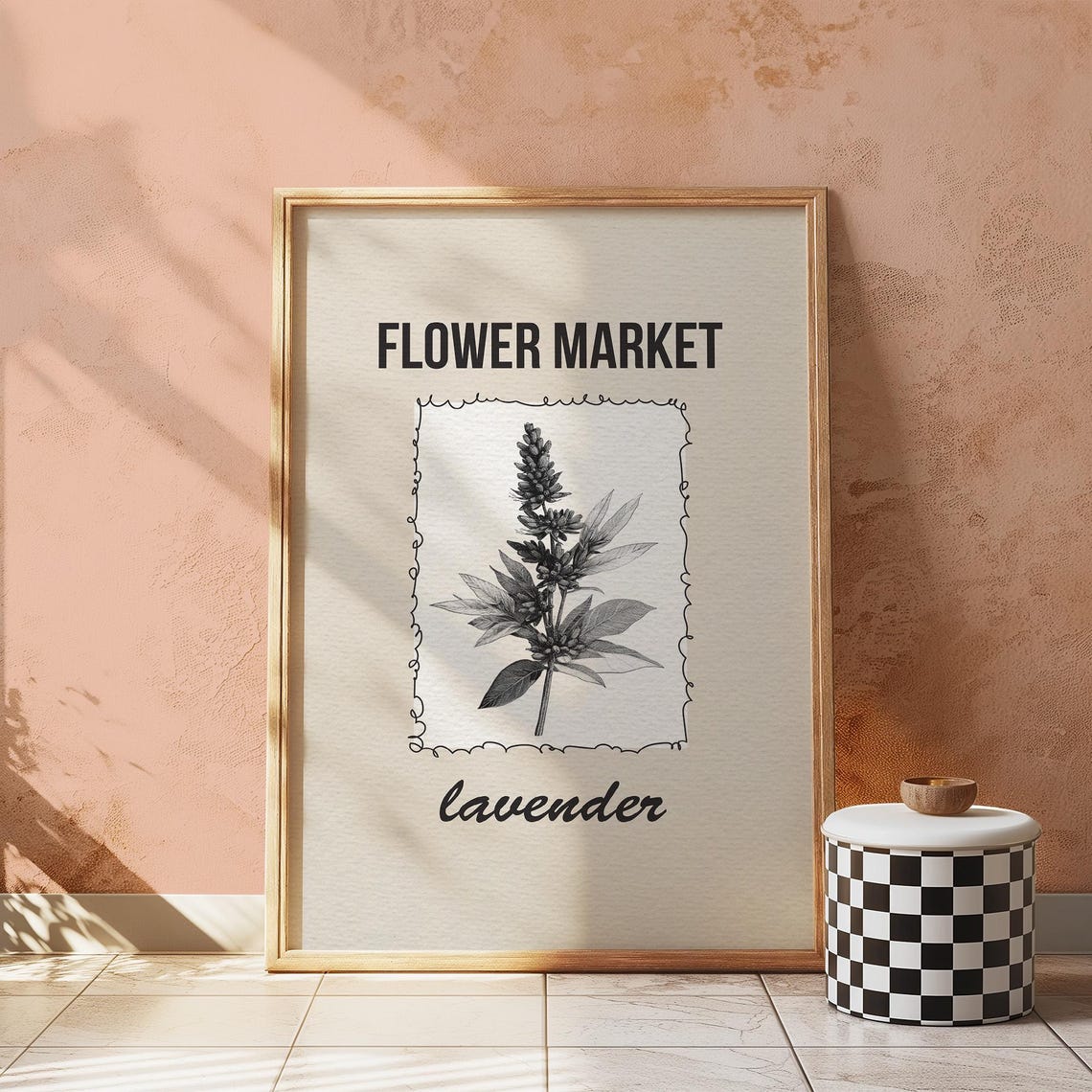 Flower Market Lavender Botanical Illustration Black White Poster