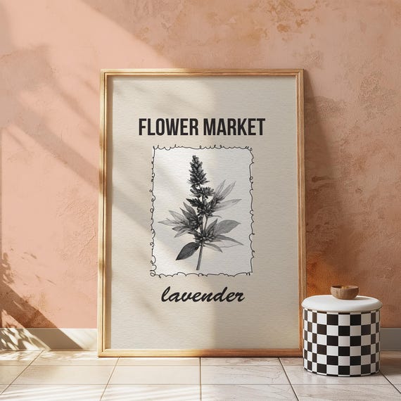 Lavender Flower Market Print Neutral Botanical Illustration