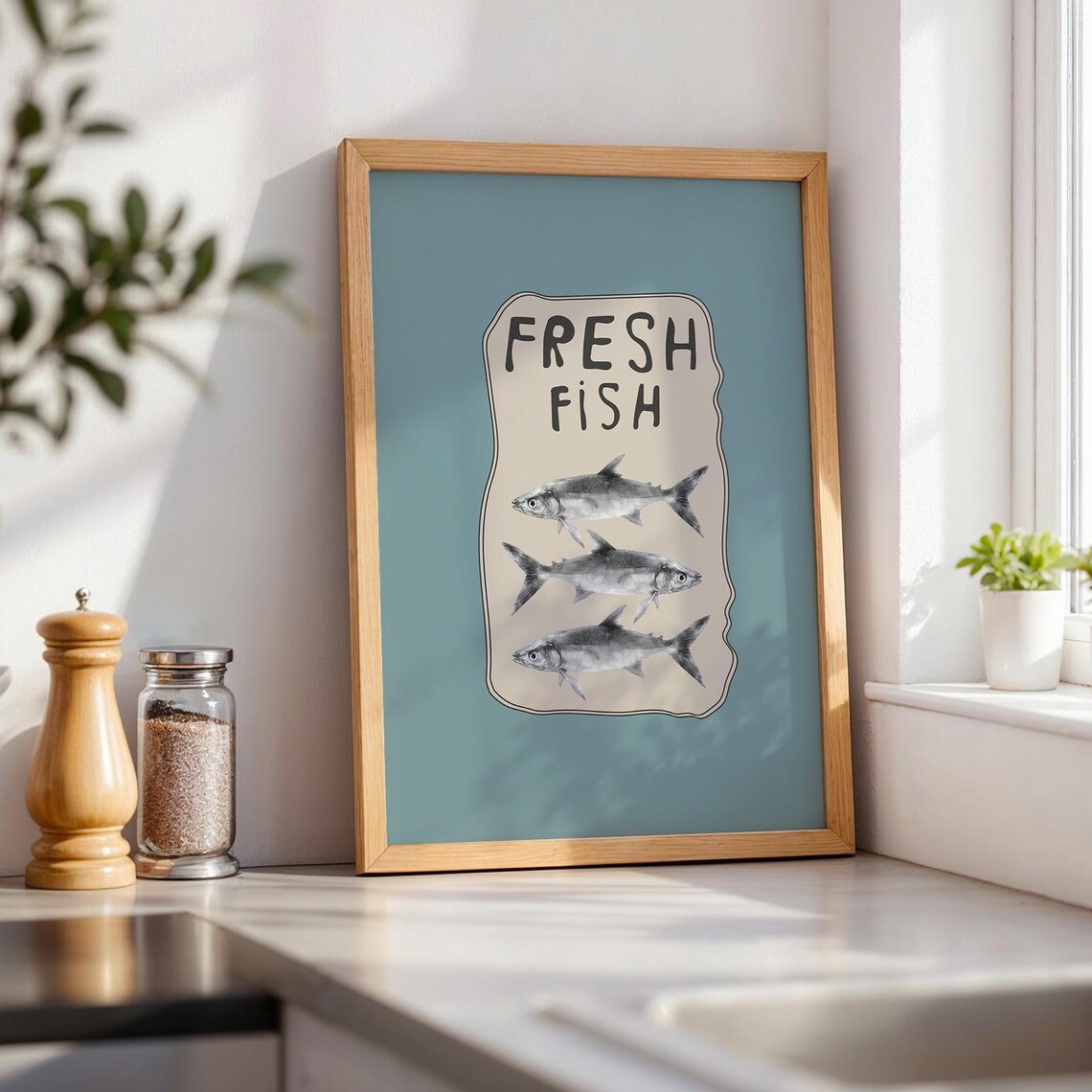 Fresh Fish Art Print On Teal Mid Century Modern Coastal Decor