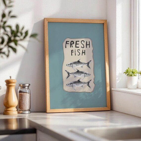 Fresh Fish Three Fish Hand Lettered Teal Vintage Kitchen Poster