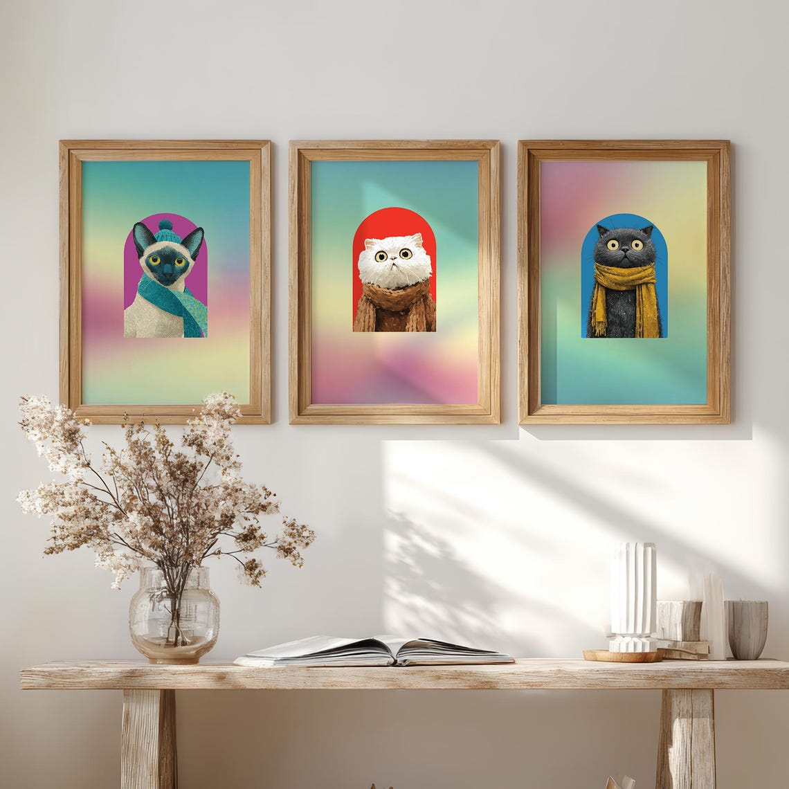 Cats in Scarves Colorful Set of 3 Rainbow Gradient Art Poster