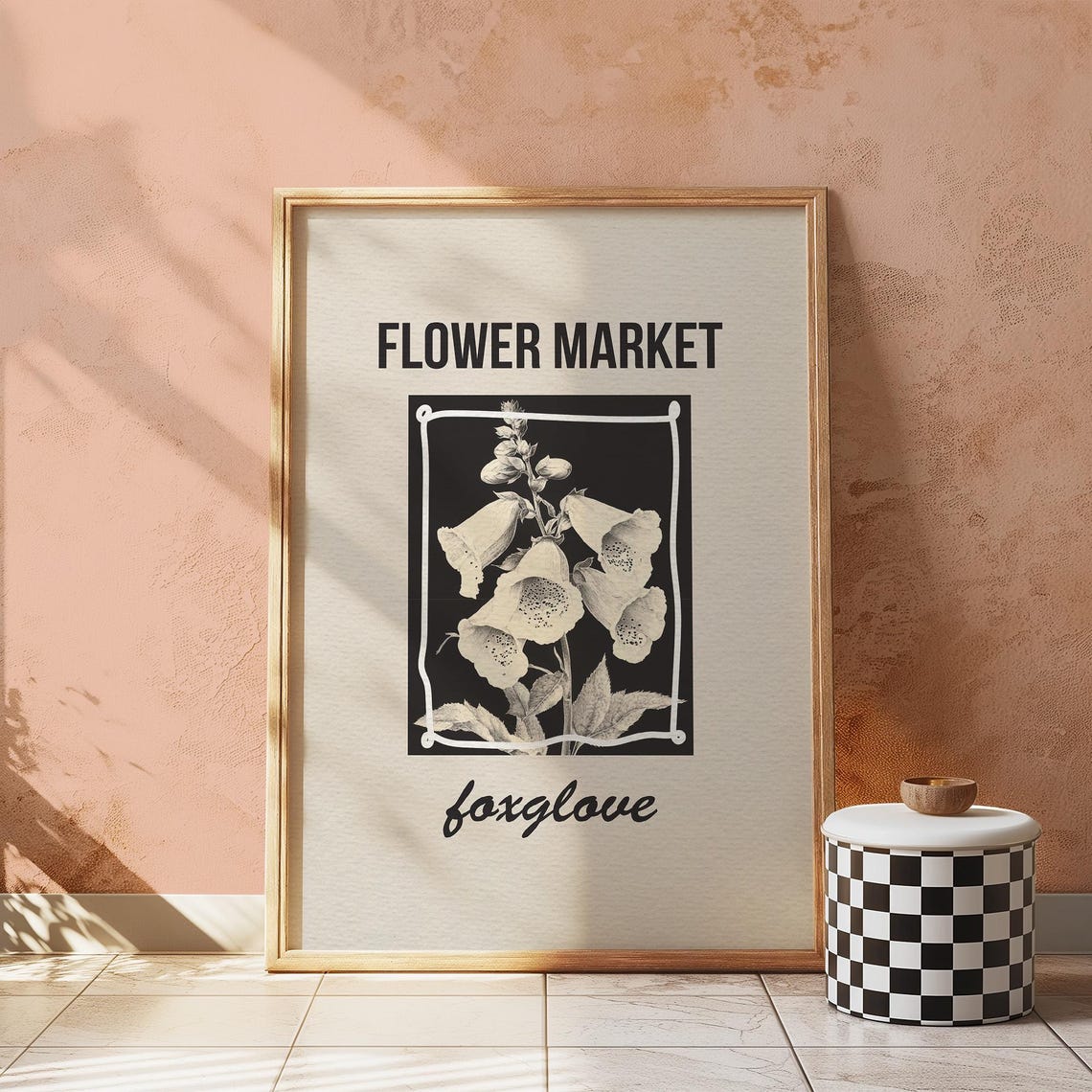 Flower Market Foxglove Botanical Illustration Black White Poster
