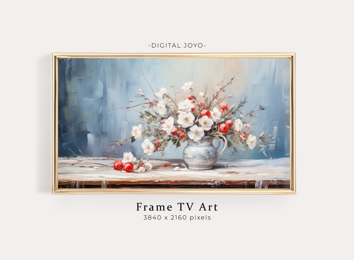 Winter White Flowers With Red Berries In Pitcher Painting Art Print