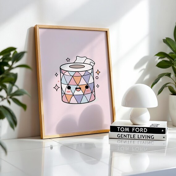 Pastel Pink Kawaii Toilet Paper Roll Cute Face Bathroom Poster