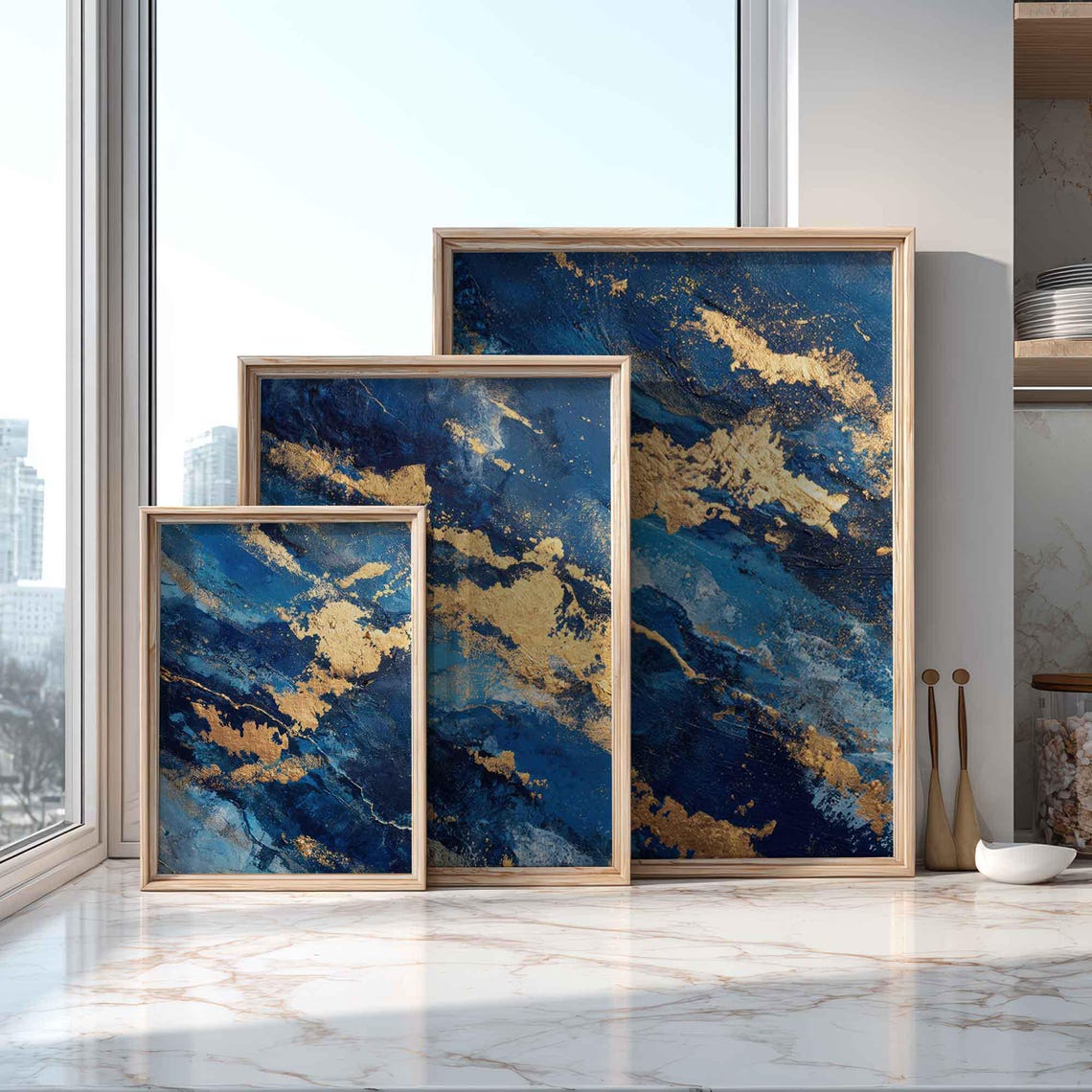 Navy Gold Abstract Print Set Wall Art