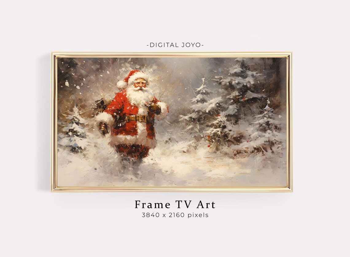 Vintage Santa Claus in a Snowy Forest Christmas Painting Poster