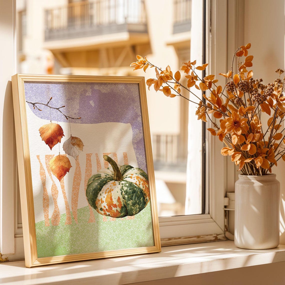 Autumn Harvest Pumpkin Gourd Watercolor Fall Leaves Art Poster