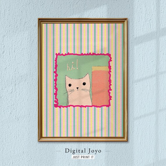 Say Hi Peeking Cat Colorful Striped Cute Sweet Nursery Poster