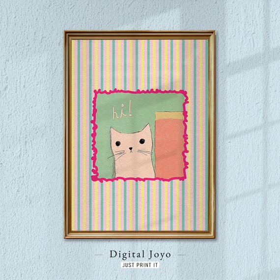 Whimsical Cat Art Print Colorful Stripes Nursery Decor