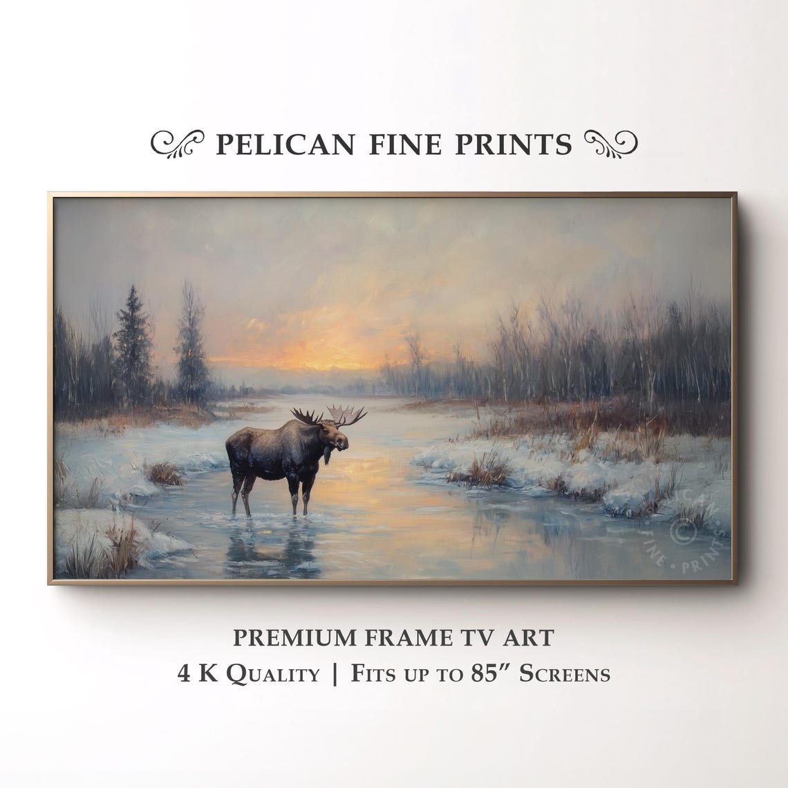 Moose at Sunset Icy Stream Winter Wilderness Wildlife Art Poster
