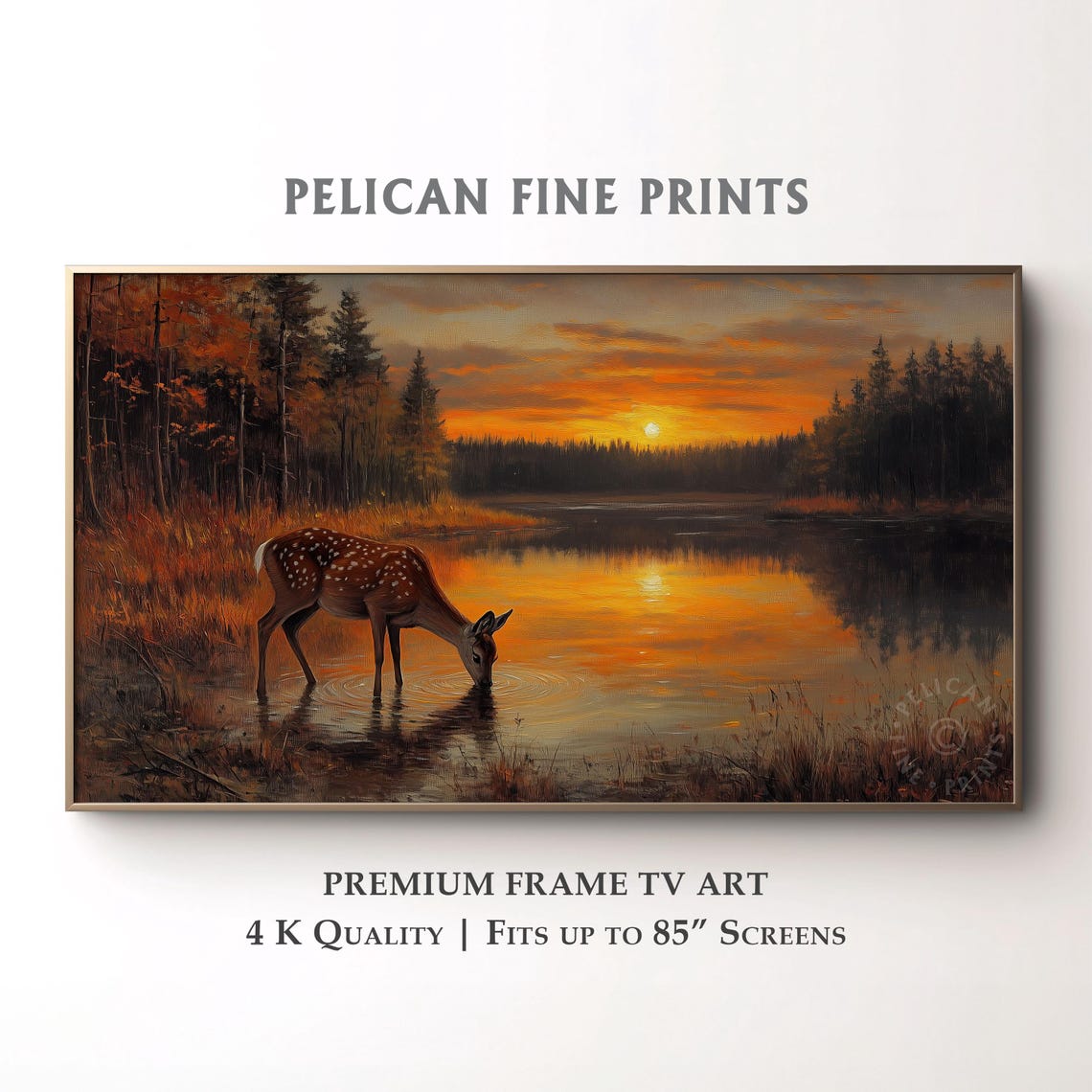 Deer Drinking By Autumn Lake Golden Sunset Wildlife Wall Art