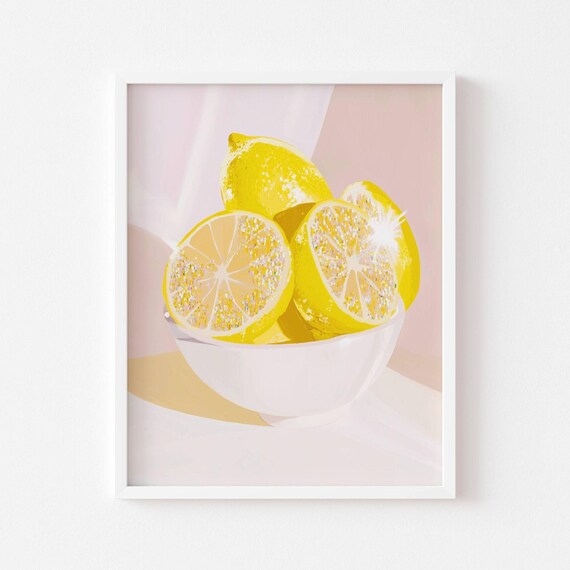 Yellow Lemons In A Bowl Poster Bright Pastel Fruit Illustration Modern And Elegant Kitchen Decor Fresh And Graphic Wall Art