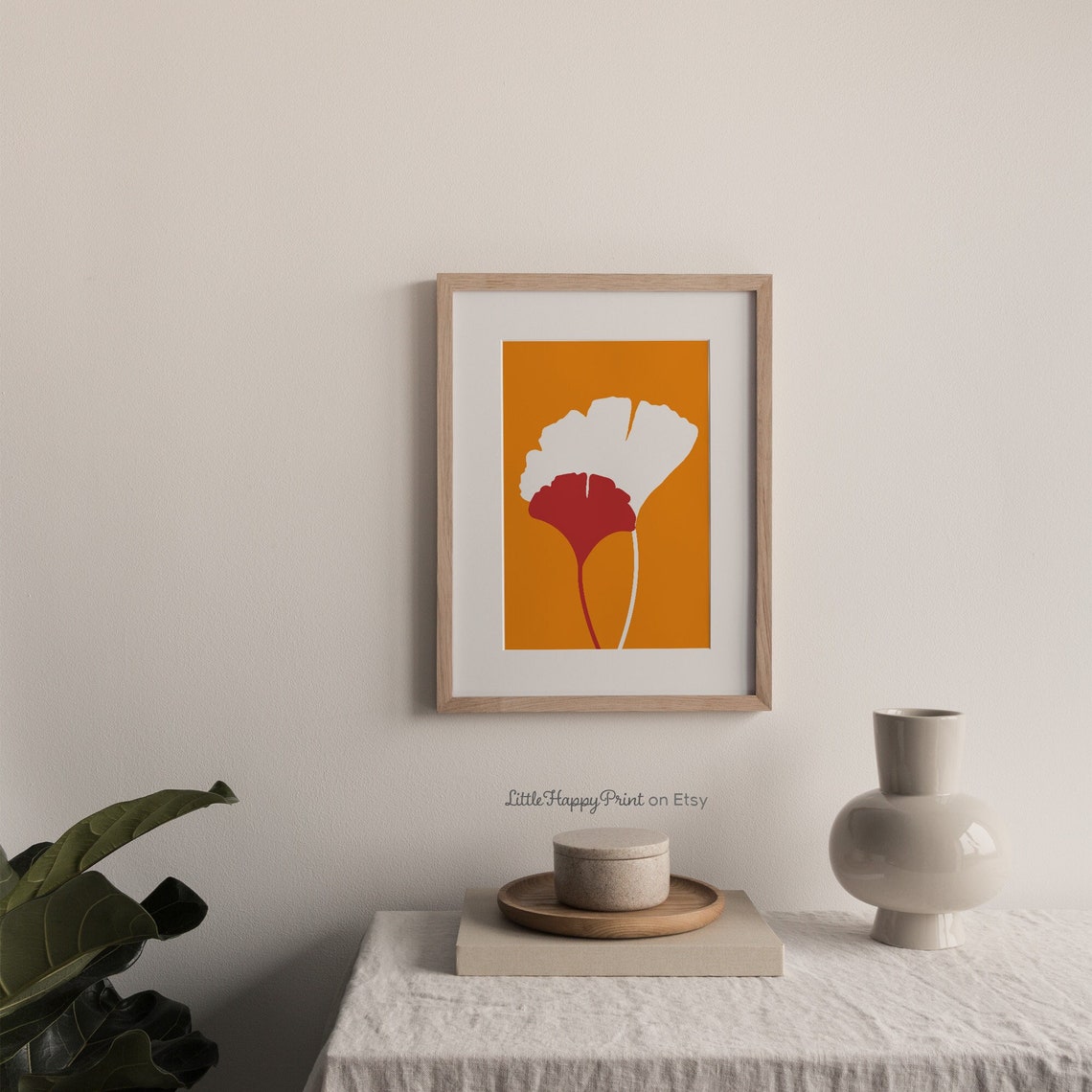 Ginkgo Leaves Minimalist Orange Red White Botanical Art Print