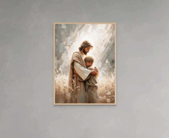 Jesus Comforting Boy in Heavenly Light Modern Christian Poster