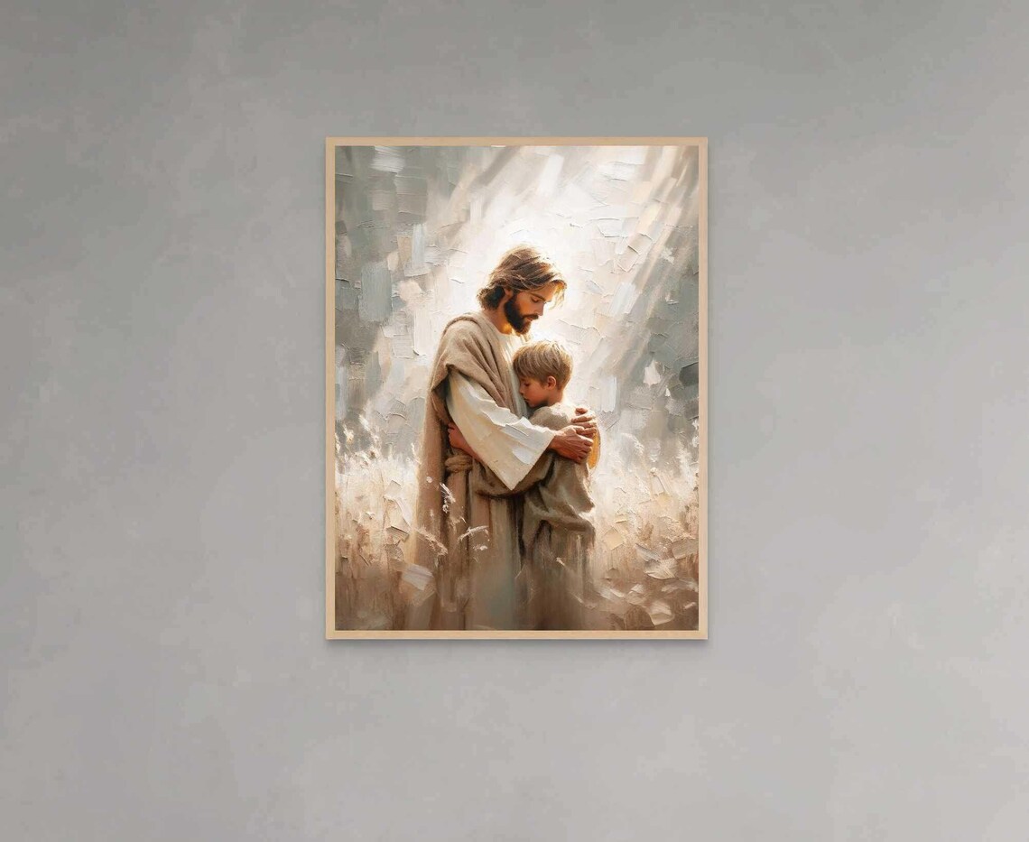 Jesus Comforting Boy in Heavenly Light Modern Christian Poster