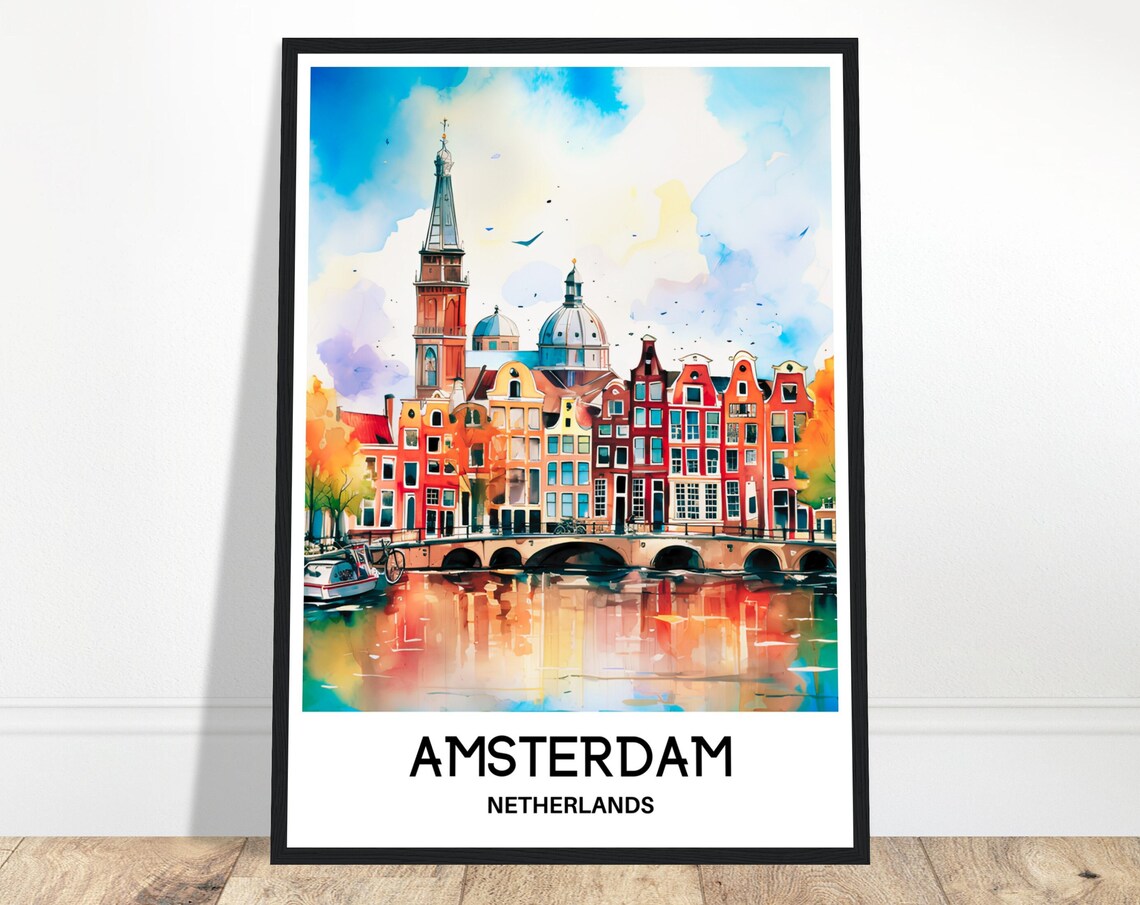 Amsterdam Netherlands Colorful Canal Houses Watercolor Travel Poster