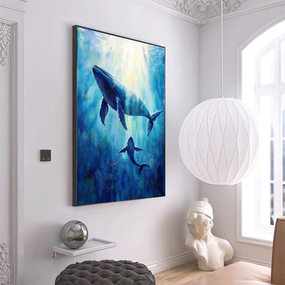 Two Blue Whales Swimming In Sunlit Deep Blue Ocean Vertical Art Poster - Image 3