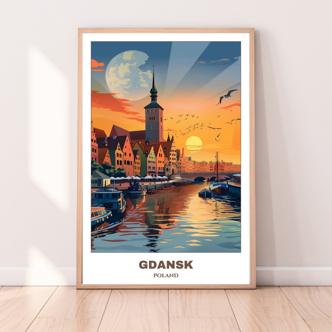 Gdansk Sunset Harbor Moonlit Waterfront Old Town Boats Poster - Image 5