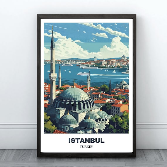 Scenic Istanbul Mosque Minarets Bosphorus Blue Day Travel Poster