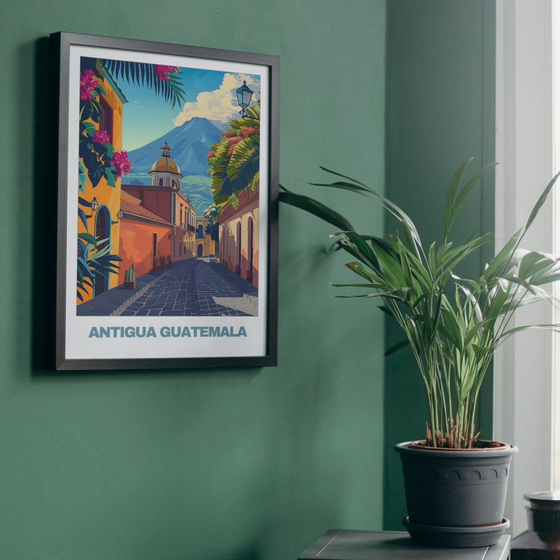 Antigua Guatemala Colonial Street Volcano Bougainvillea View Poster - Image 5
