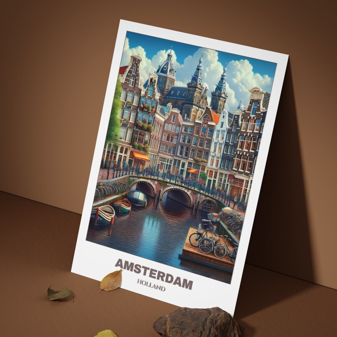 Amsterdam Canal Bridge Bicycles Gabled Houses Holland Travel Poster - Image 3